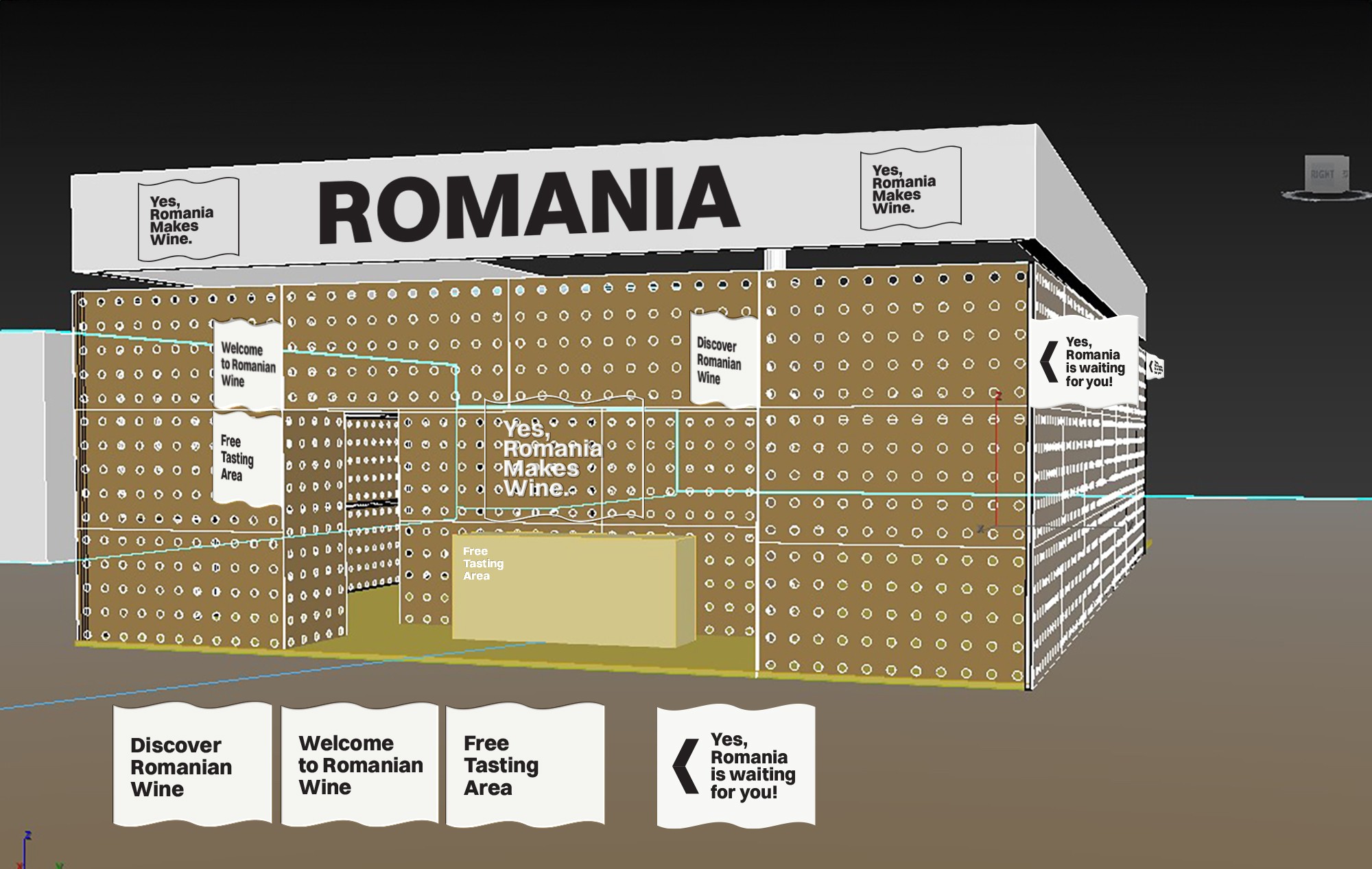 Machetă a aplicării identității pe stand
